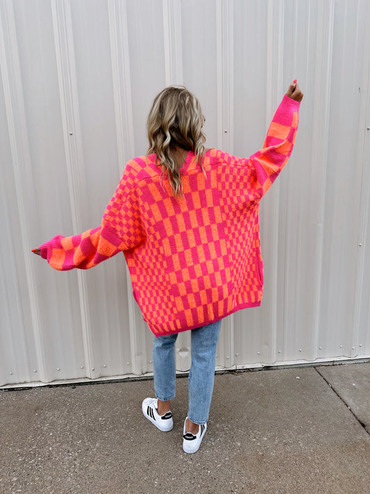 Plus Size Checkered Cardi Pink/Orange