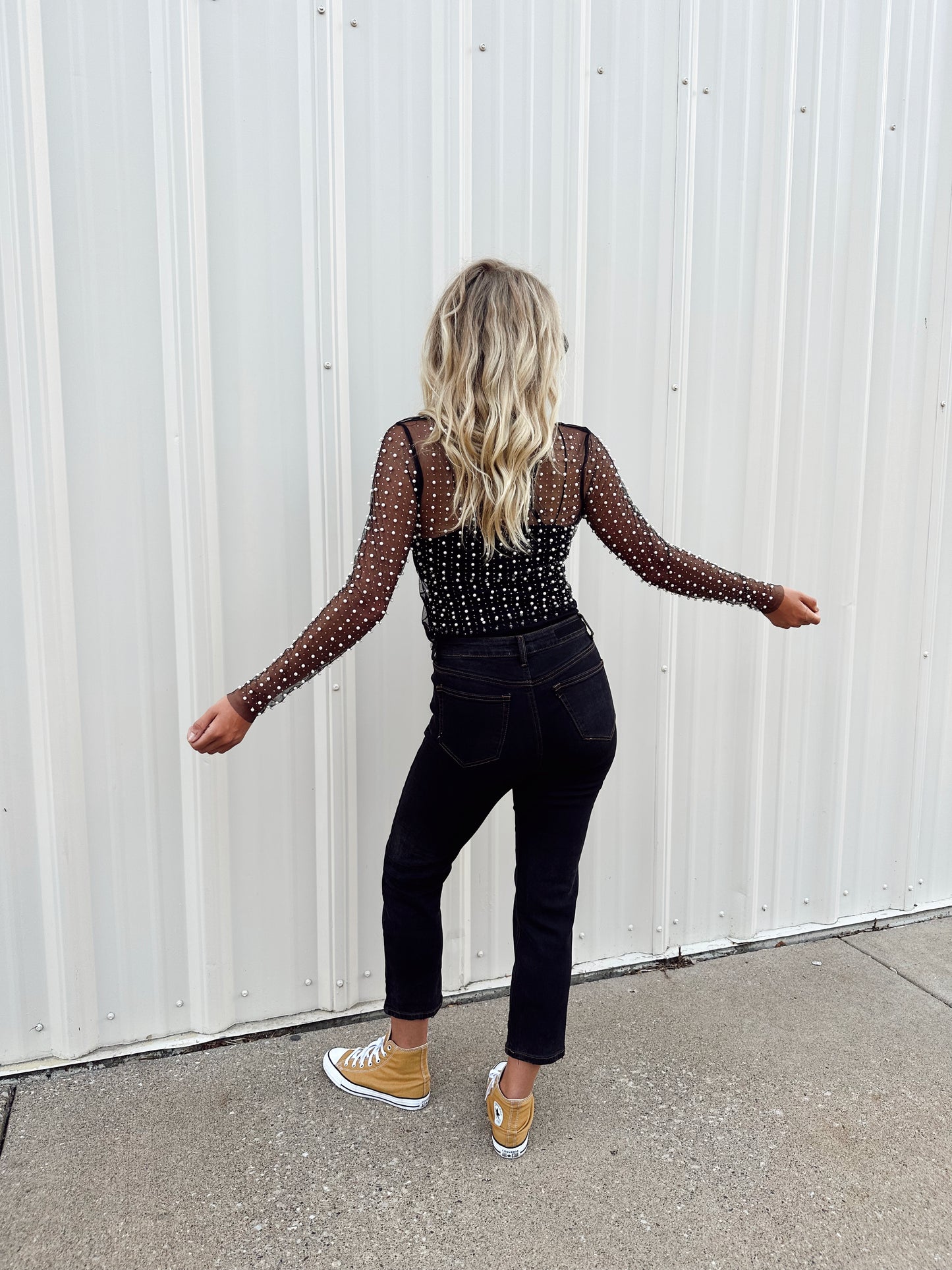 Reagan Pearl Studded Mesh Top