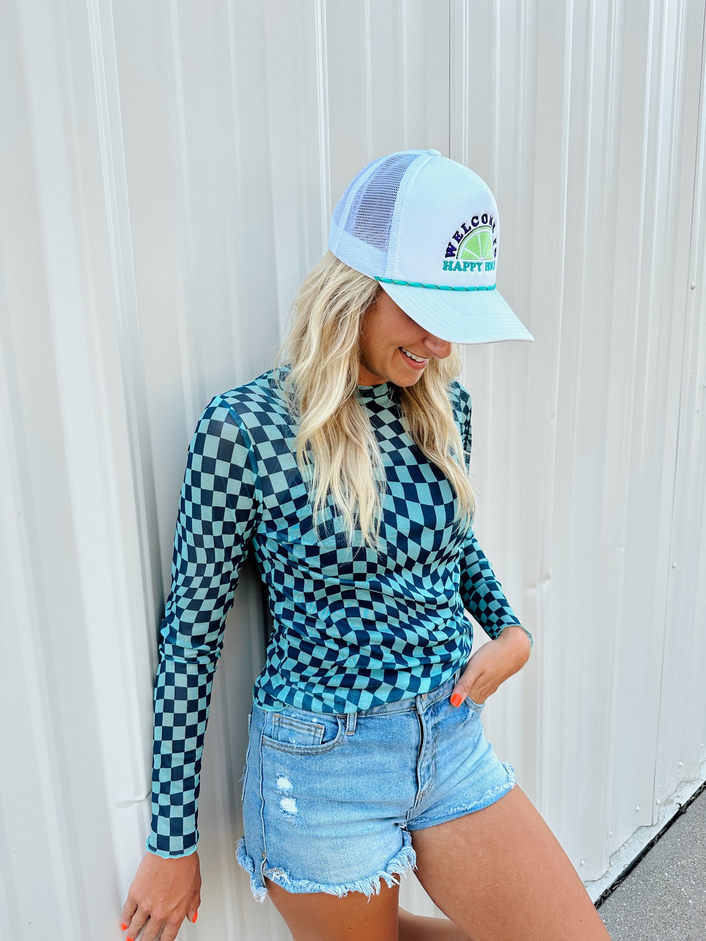 Catch A Vibe Checkered Mesh Top