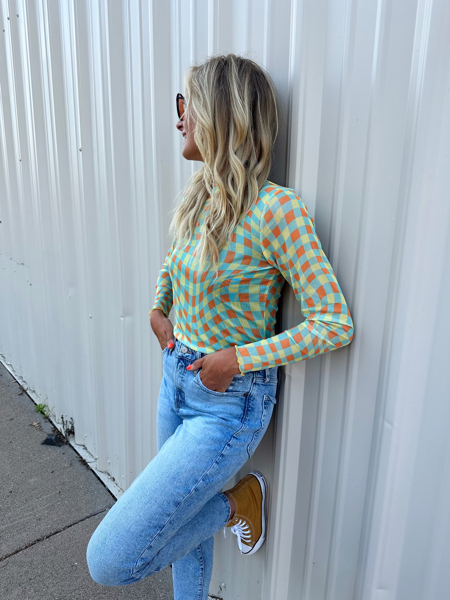 Catch A Vibe Checkered Mesh Top