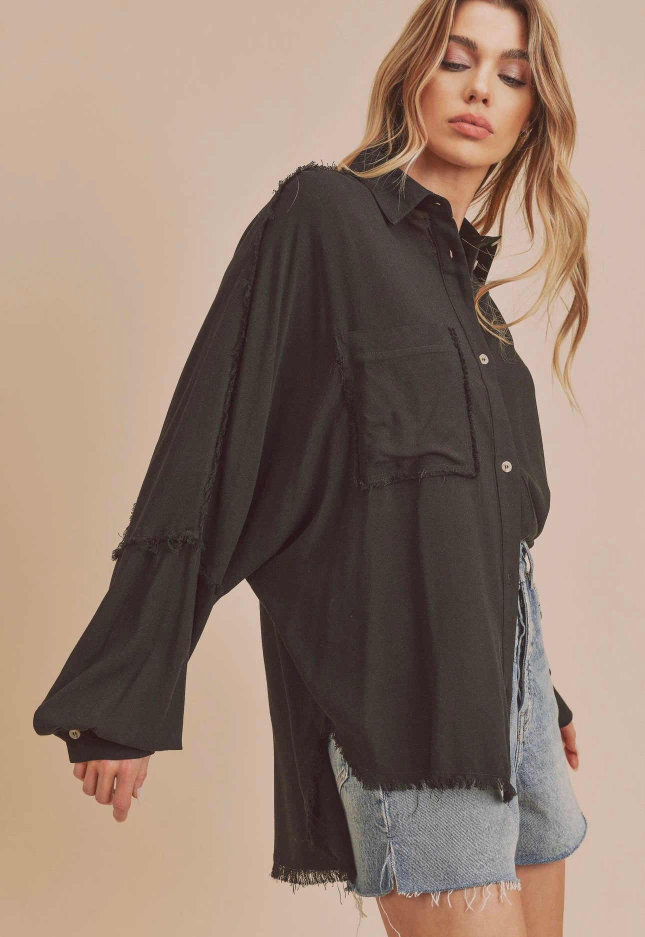 Black Fringe Button Down