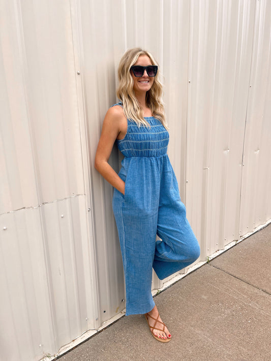 Bestseller Taylor Blue Smocked Jumpsuit