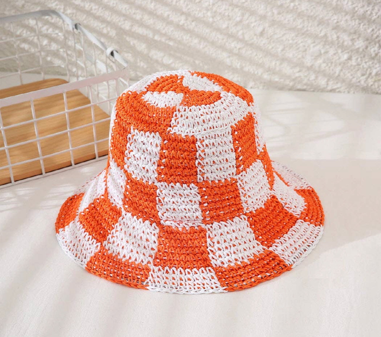 Crochet Checkered Orange Bucket Hat