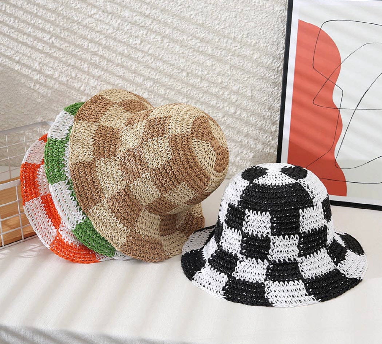 Crochet Checkered Orange Bucket Hat