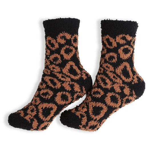 Soft Leopard Half Crew Socks Black & Brown