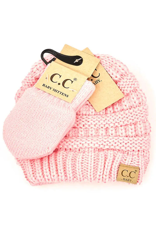 C.C. Ribbed Hat & Mitten Set Pink