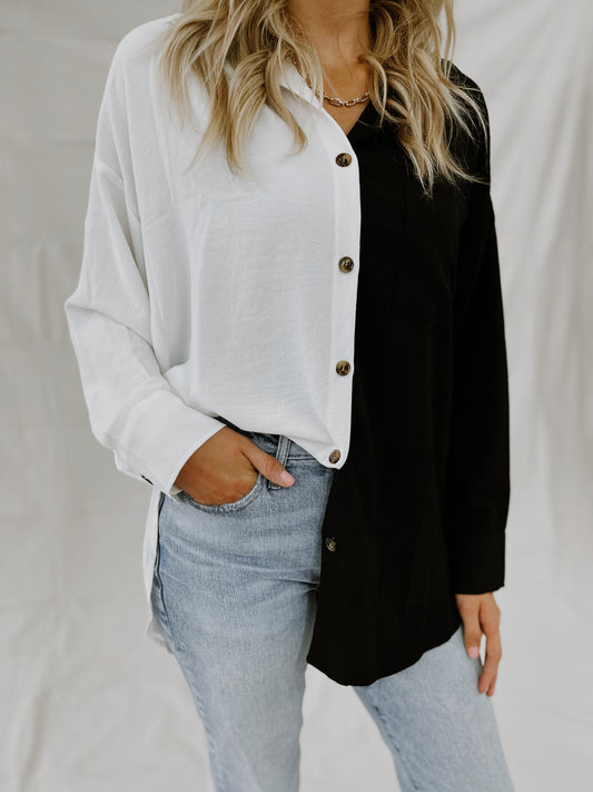 Make A Statement Color Blocked White Black Button Up