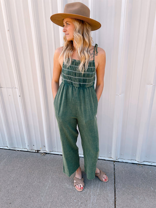 *RESTOCKED* Taylor Green Smocked Jumpsuit